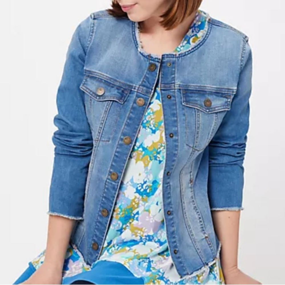 LOGO Lori Goldstein Denim Jacket Lea Fray Hem Blue Jean Stretch Western 26 W NWT